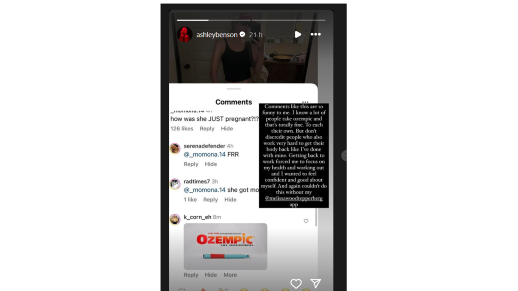 Ashley Benson's comments on her Instagram Stories